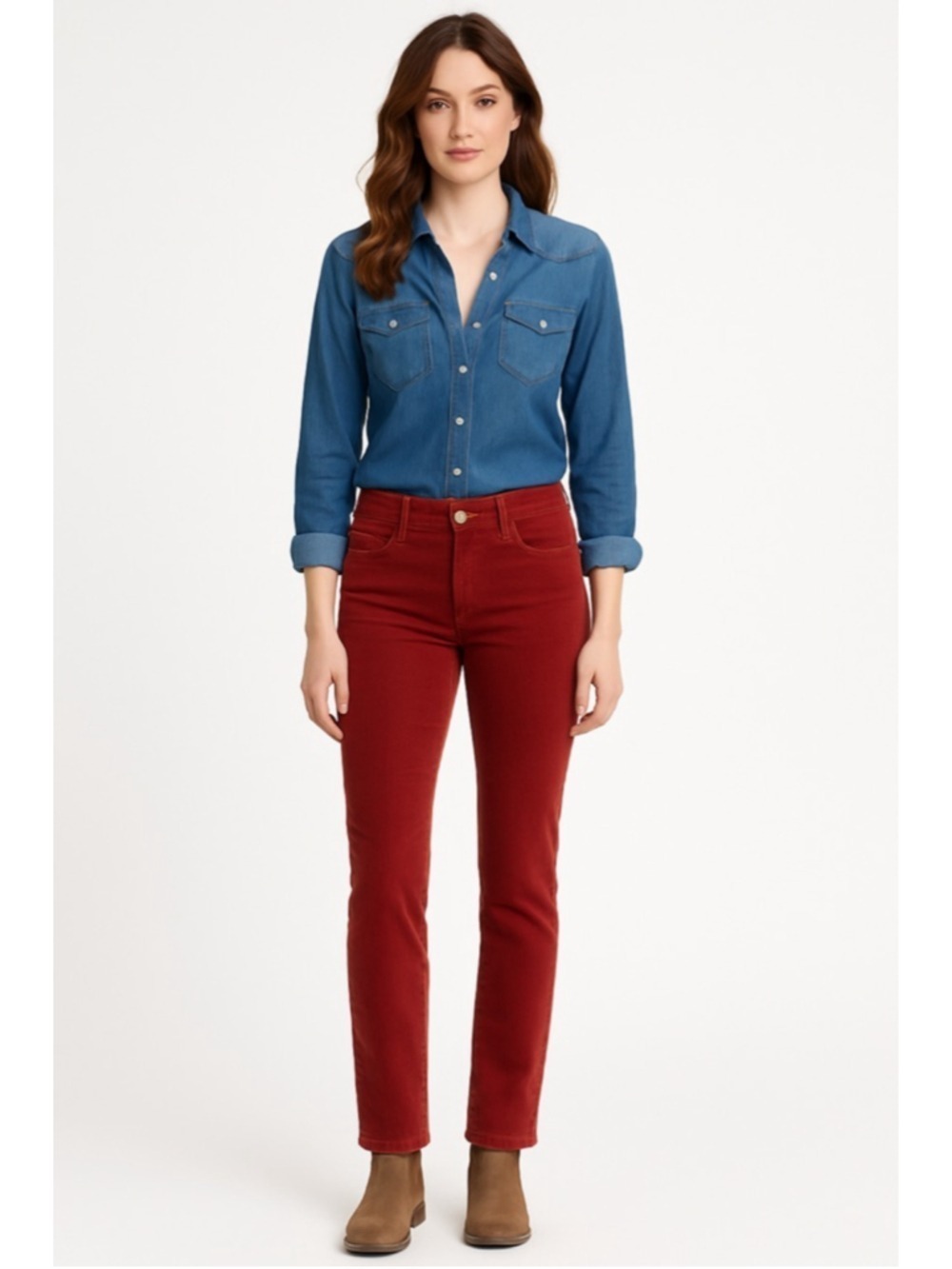 AG Adriano Goldschmied Stevie Slim Straight Corduroy Pants 28R Rust Brick Red